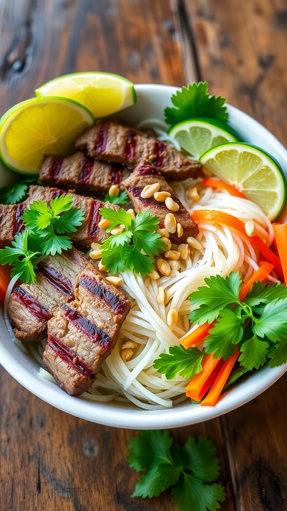 A colorful lemongrass beef vermicelli bowl with grilled beef, rice noodles, fresh vegetables, and herbs, garnished with peanuts and lime.